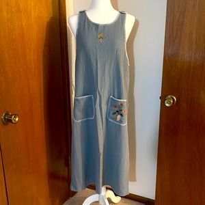 Teddi Light Blue Sleeveless Midi Pinafore Dress with Embroidered Pockets